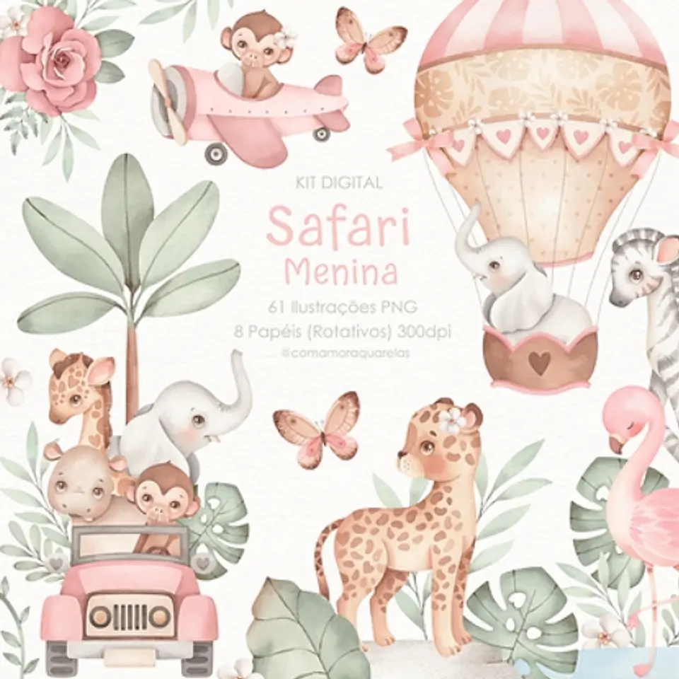 Kit Digital Safari Menina Aquarela - com amor aquarelas 1