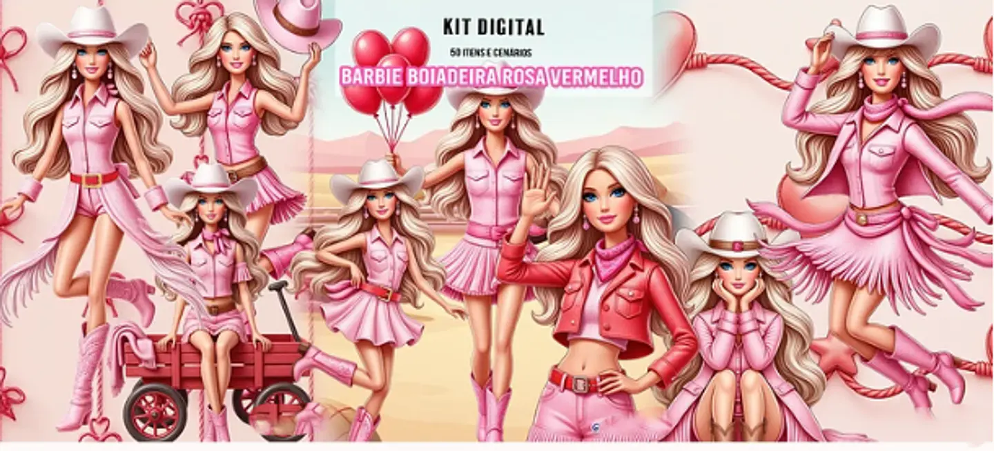 Kit Digital Barbie Boiadeira Rosa e Vermelho 1