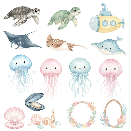 Kit Digital Fundo do Mar em Aquarela 7