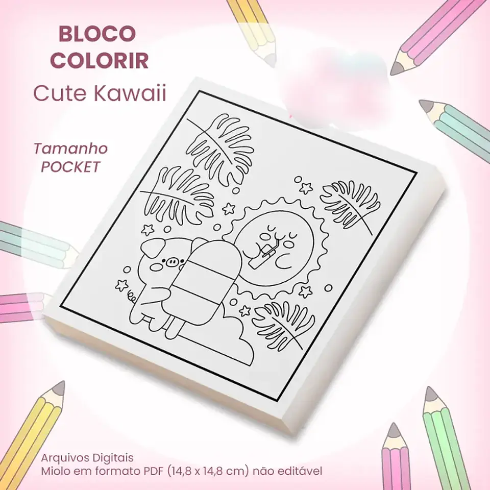 Arquivo Bloco Pocket para Colorir 14,8×14,8cm Cute Kawaii 1