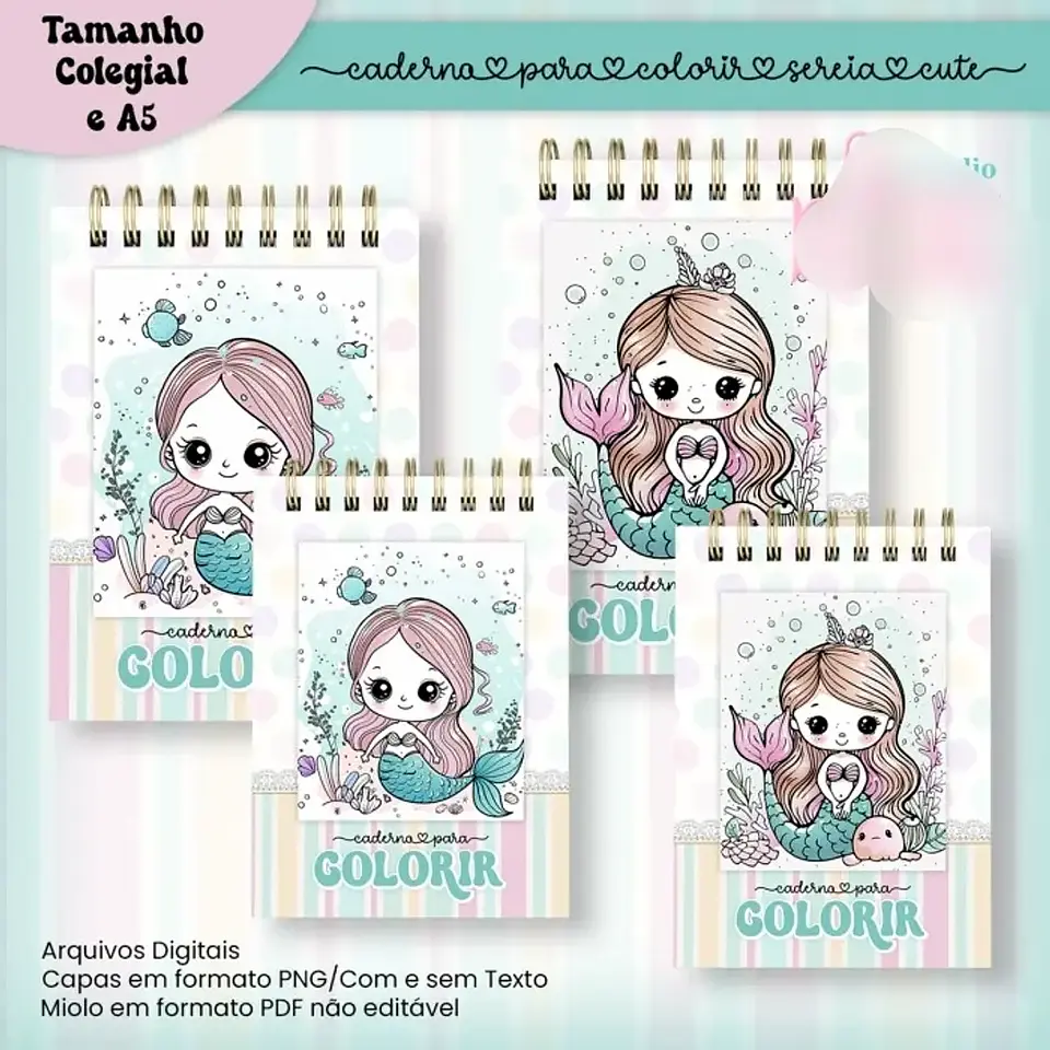 Arquivo Caderno para Colorir Sereia Cute - COLEGIAL e A5 3