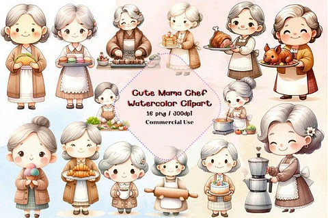 Kit Digital Vovó Cozinheira Aquarela