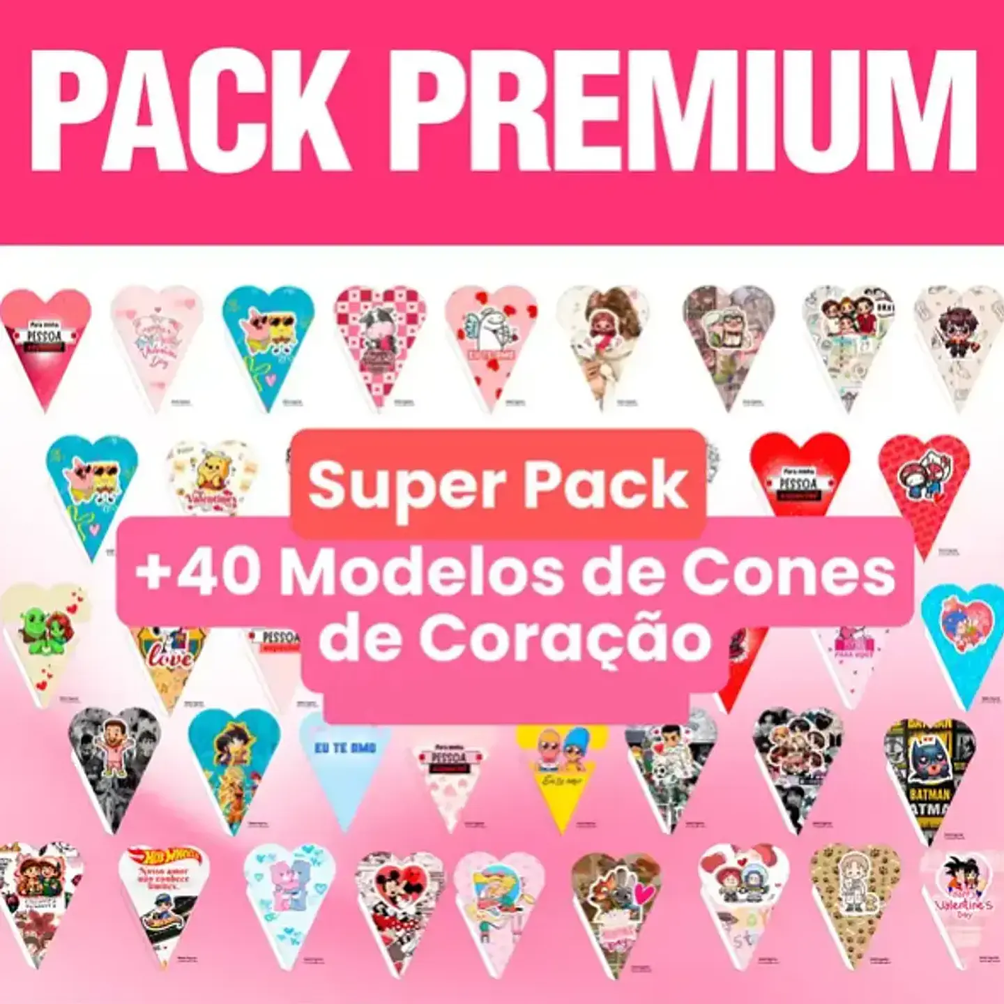Arquivo Pack Premium + 50 Moldes de Cones de Coração 1