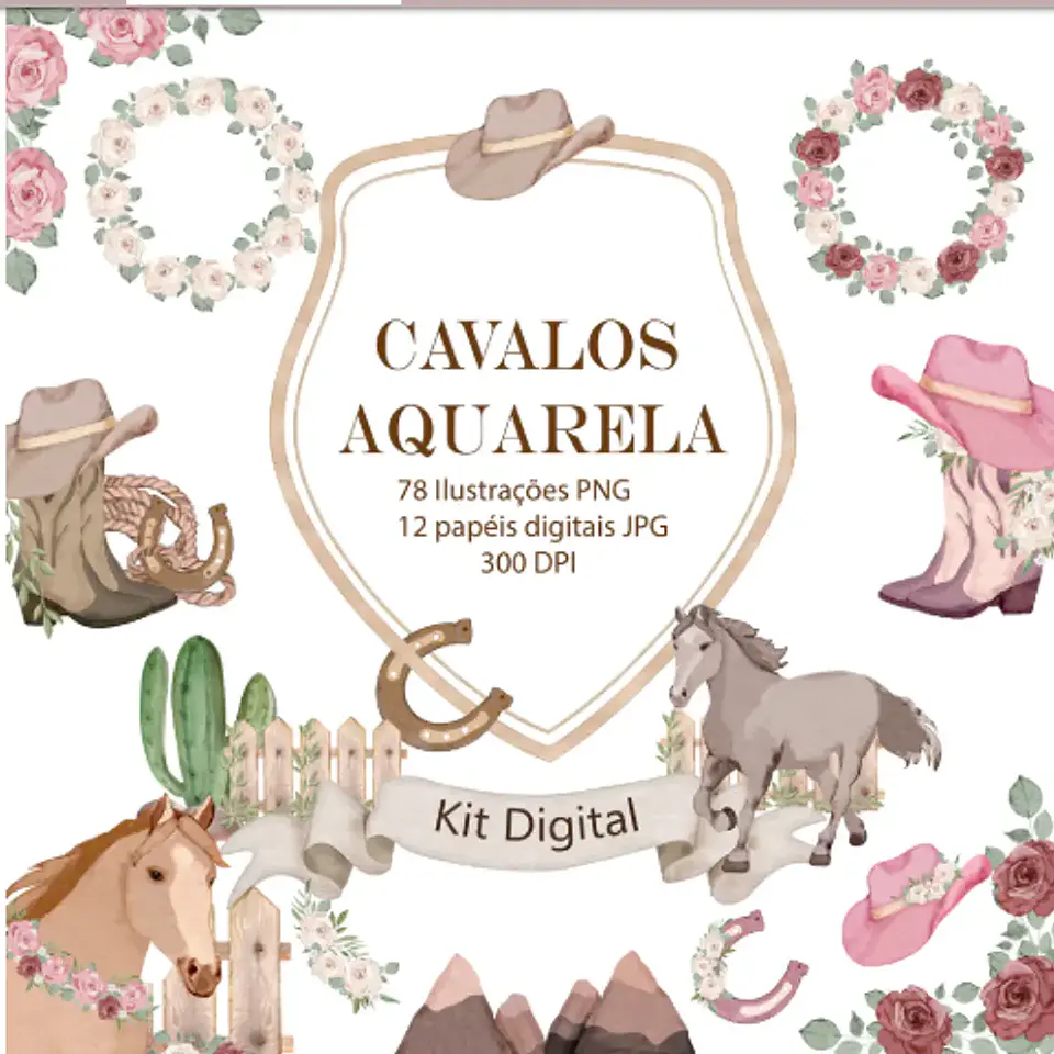 Kit Digital Cavalos Aquarela 1