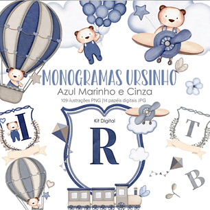 Kit Digital Monogramas Ursinho Azul Marinheiro e Cinza