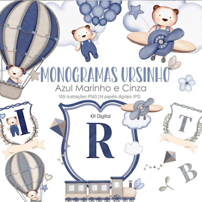 Kit Digital Monogramas Ursinho Azul Marinheiro e Cinza 1