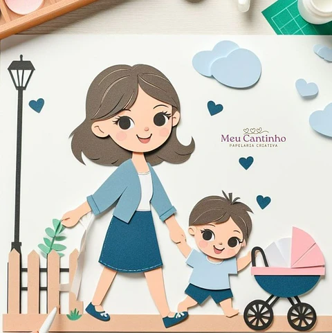 Arquivo topo de bolo dia das mães - Mãe e Filho Empurrando Carrinho