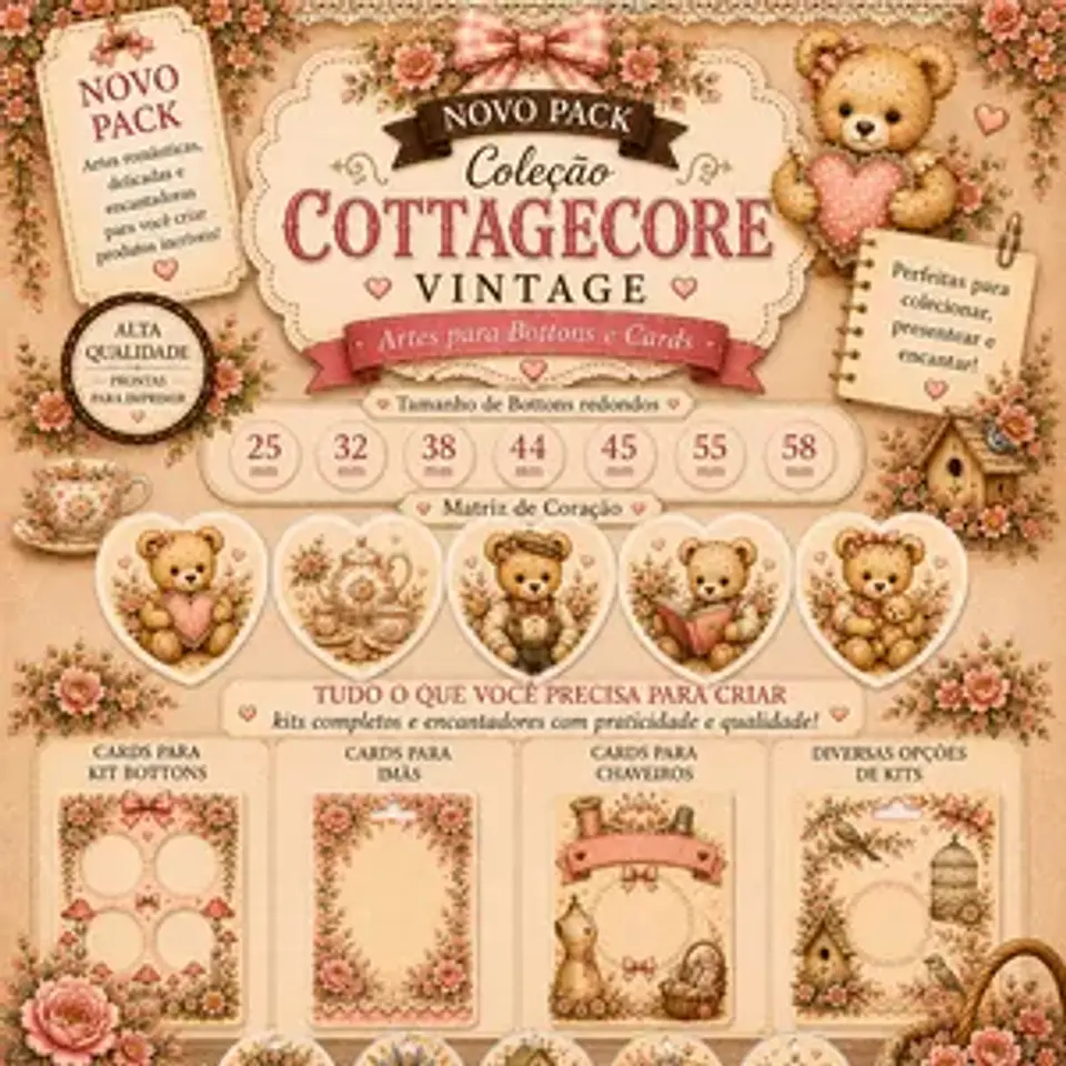 Arquivo de corte Pack Coleção Cottagecore Vintage – Bottons e Cards 1