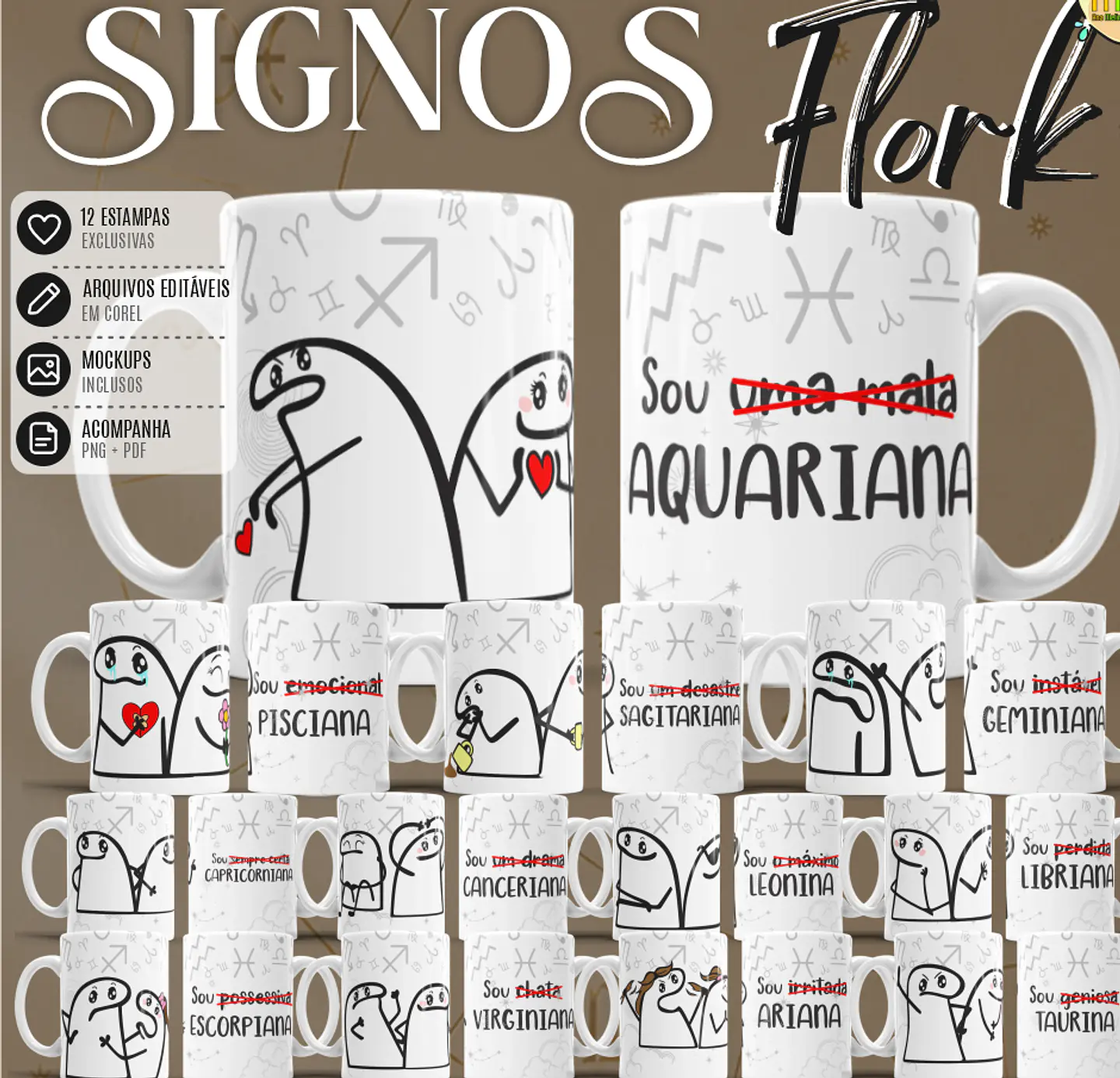 Arquivo Sublimação Pack Canecas Flork Signo Cute 1
