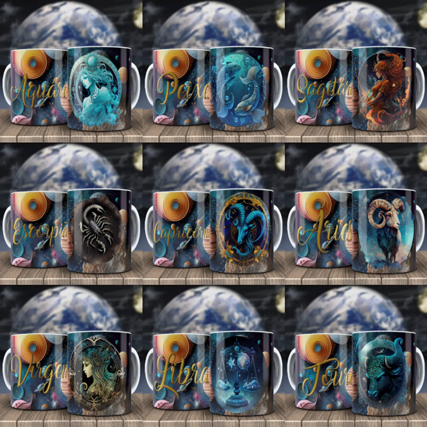 Arquivo Sublimação Pack Canecas Signos 3D 1