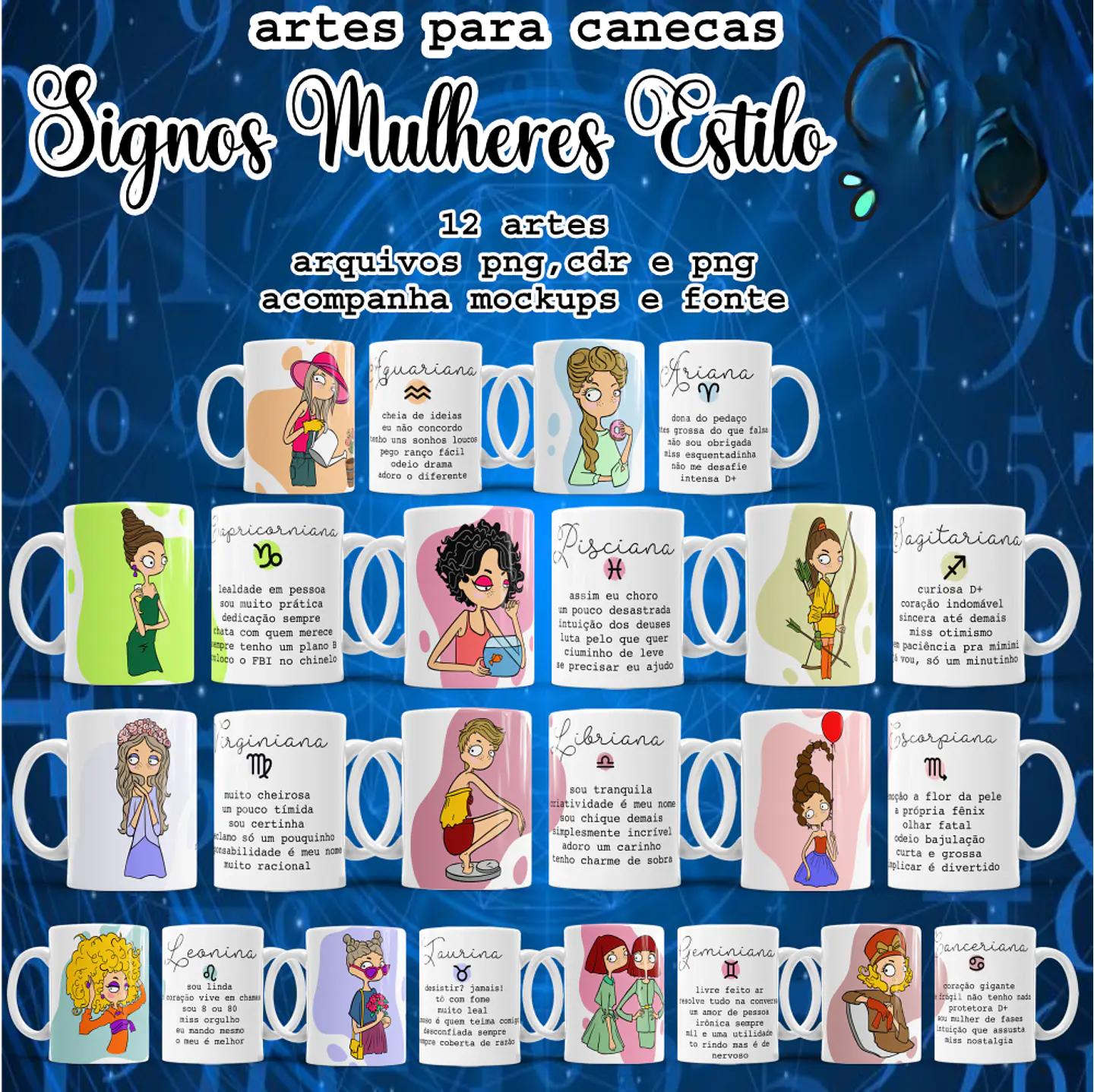 Arquivo Sublimação Pack Canecas Signos Mulheres 1