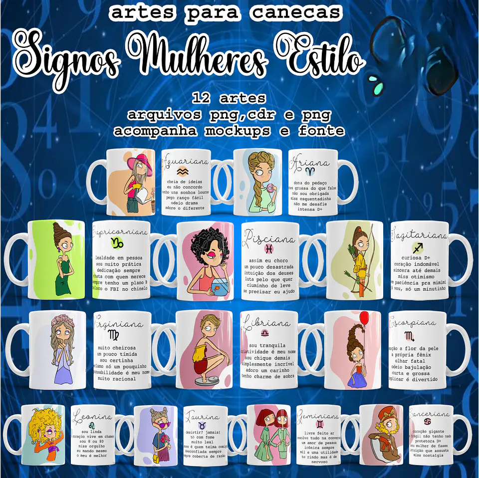 Arquivo Sublimação Pack Canecas Signos Mulheres 1
