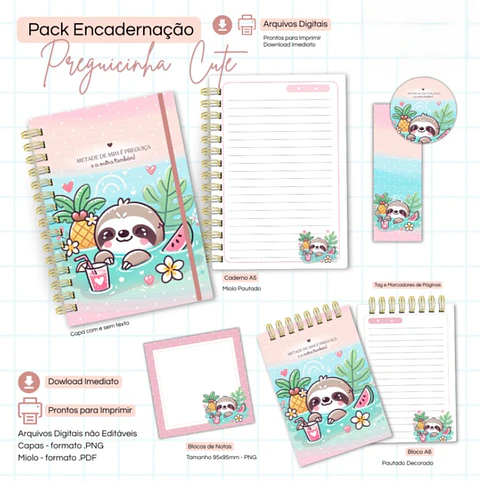 Arquivo Caderno Pautado A + Bloquinho A6 + Extras-Preguicinha Cute