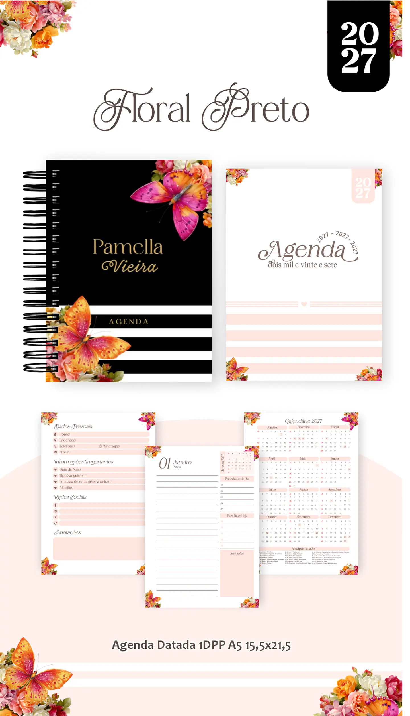 Arquivo Encadernação Floral Preto Combo 2027 4
