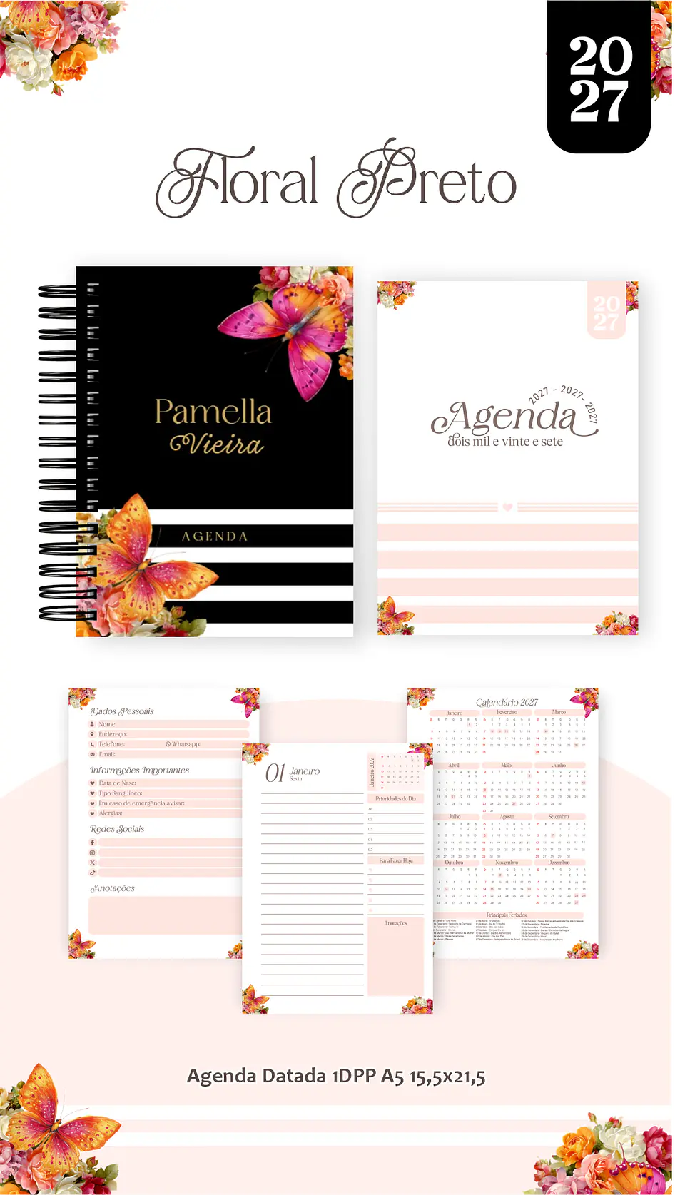 Arquivo Encadernação Floral Preto Combo 2027 4