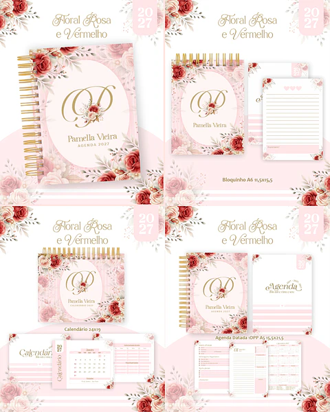 Arquivo Encadernação Floral Rosa e Vermelho Combo 2027