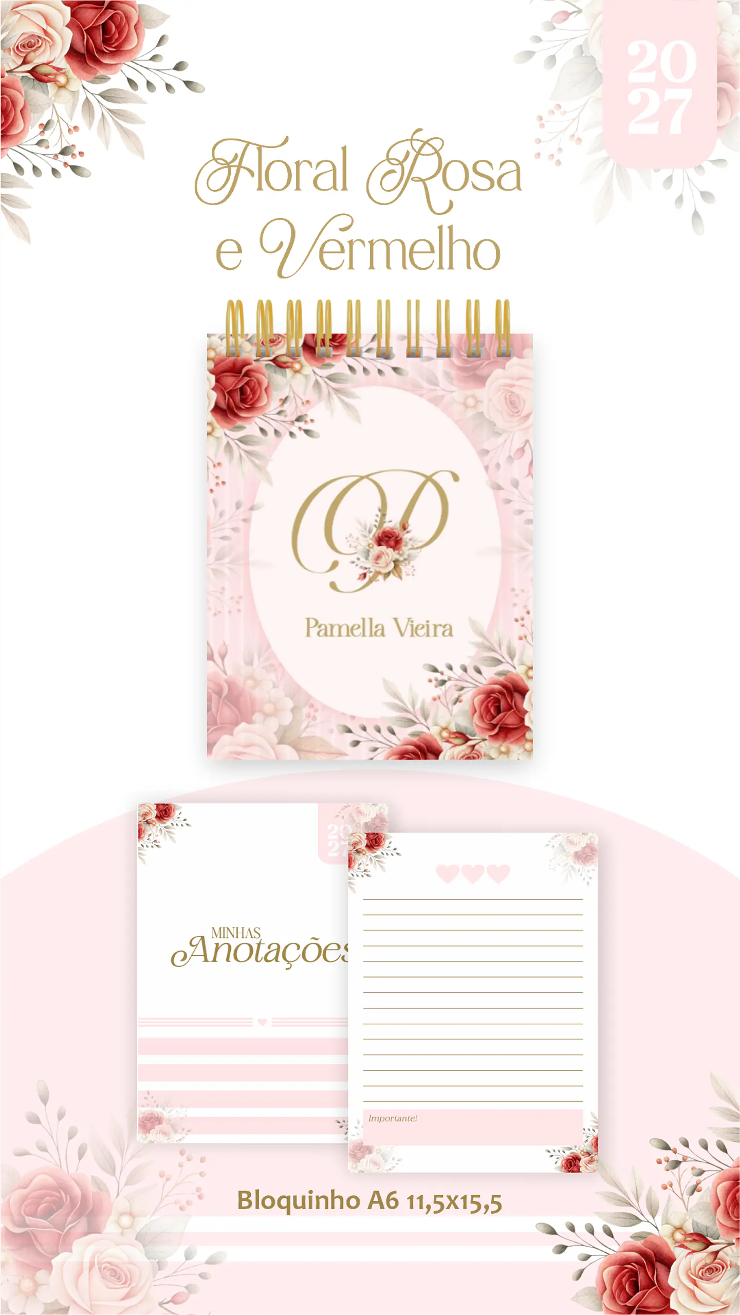 Arquivo Encadernação Floral Rosa e Vermelho Combo 2027 2