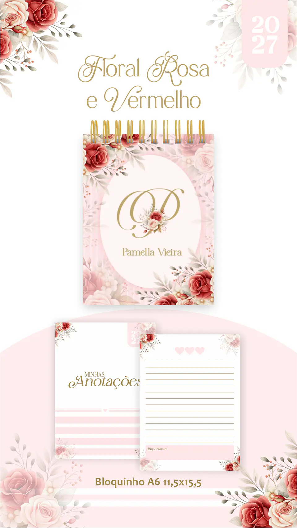 Arquivo Encadernação Floral Rosa e Vermelho Combo 2027 2