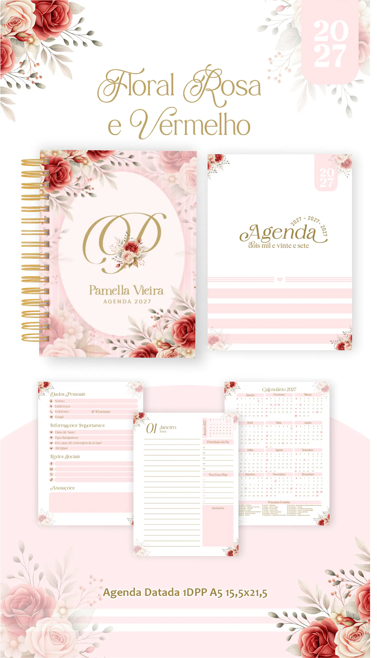 Arquivo Encadernação Floral Rosa e Vermelho Combo 2027 3
