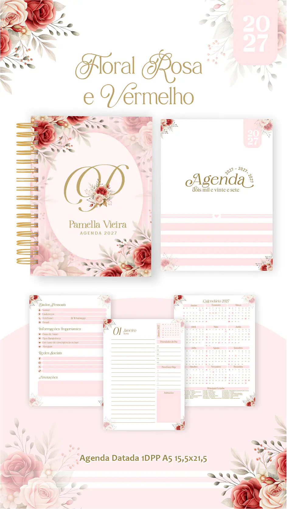Arquivo Encadernação Floral Rosa e Vermelho Combo 2027 3