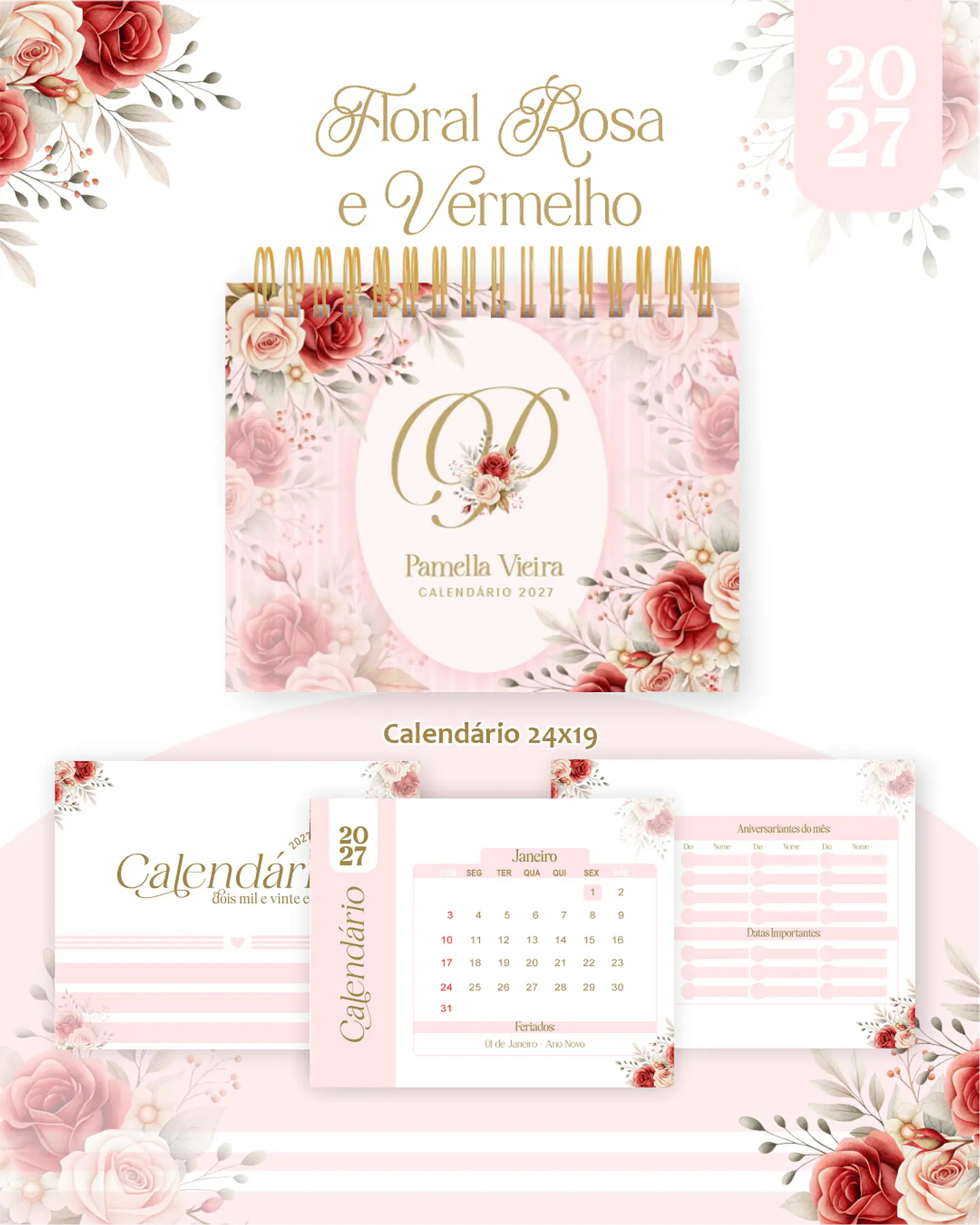 Arquivo Encadernação Floral Rosa e Vermelho Combo 2027 4