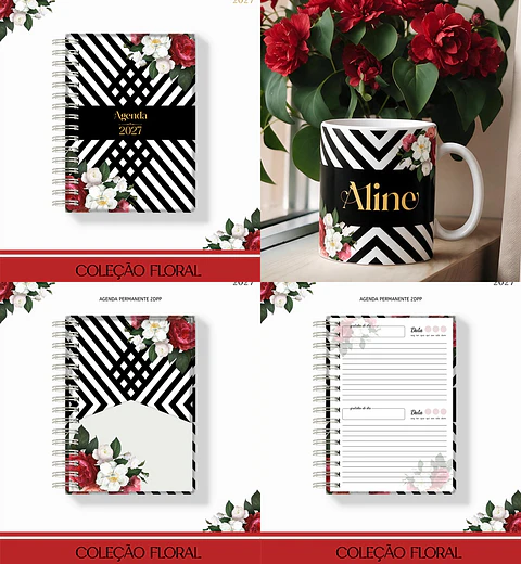 Arquivo Agenda 2027 Floral Vermelho com Preto