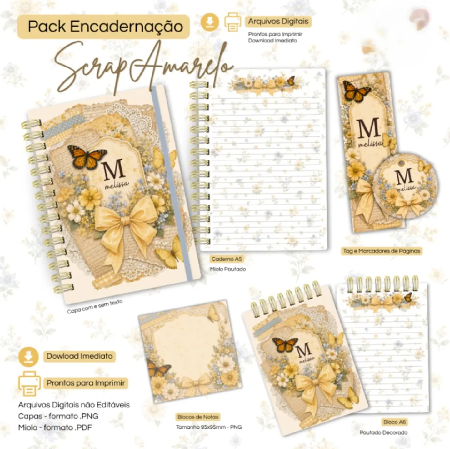Arquivo Scrap Amarelo - Caderno Pautado A5 + Bloquinho A6 + Extras  1