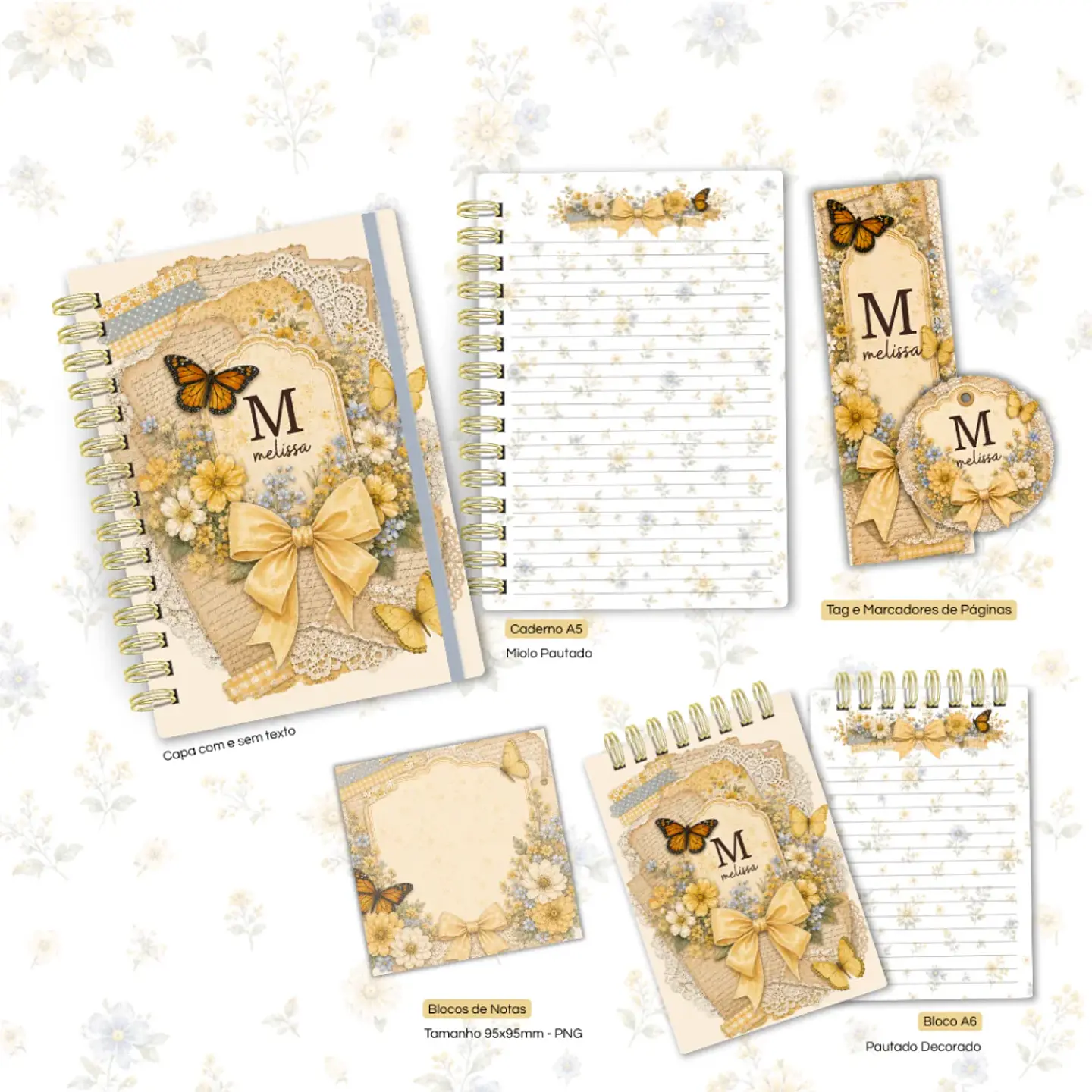 Arquivo Scrap Amarelo - Caderno Pautado A5 + Bloquinho A6 + Extras  3