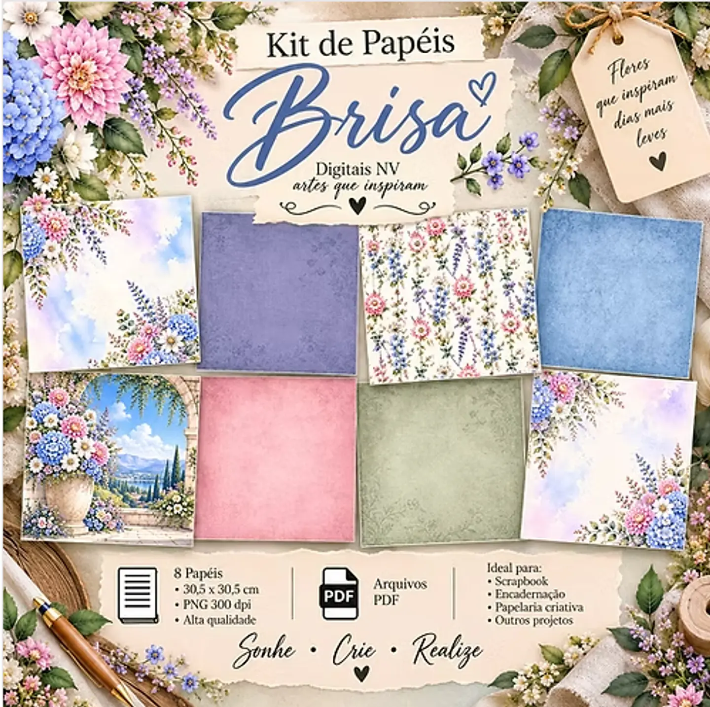 Arquivo Kit Digital Encantos da Primavera Brisa - Papéis  1