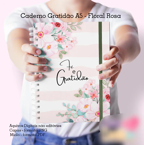 Arquivo Gratidão Floral Rosa - Caderno Pautado A5 + Bloquinho A6 