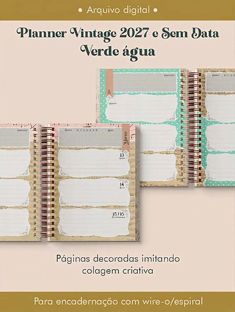 Arquivo Encadernação Planner Vintage Verde-Água 2027 e sem data Wire-o