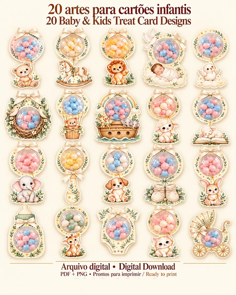 Arquivo de Corte 20 Cartões Infantis com Espaço para Mimo
