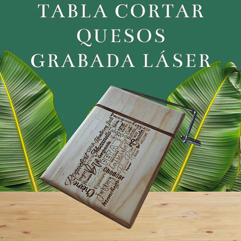 TABLA QUESOS DE MADERA  CON REBANADOR  GRABADA LÁSER
