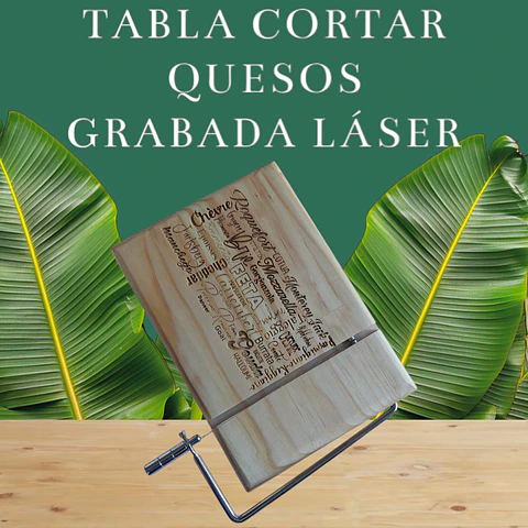 TABLA QUESOS DE MADERA  CON REBANADOR  GRABADA LÁSER