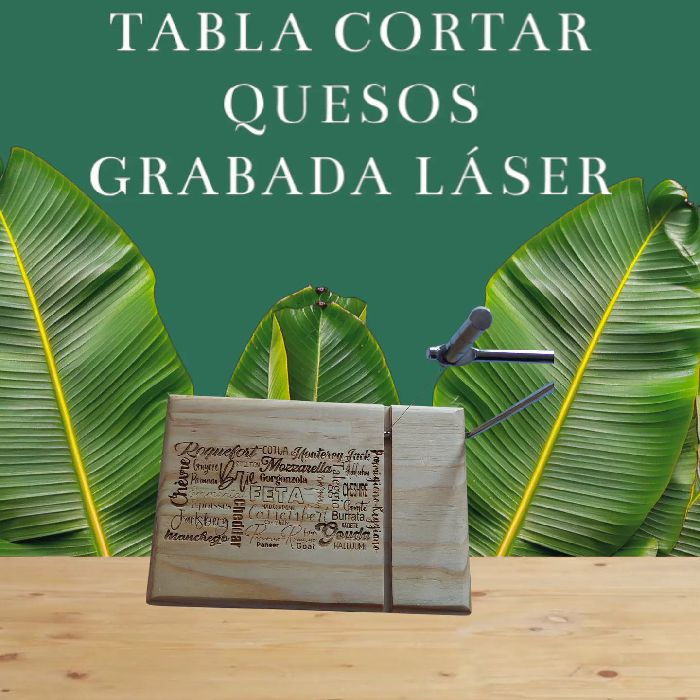 TABLA QUESOS DE MADERA  CON REBANADOR  GRABADA LÁSER 3