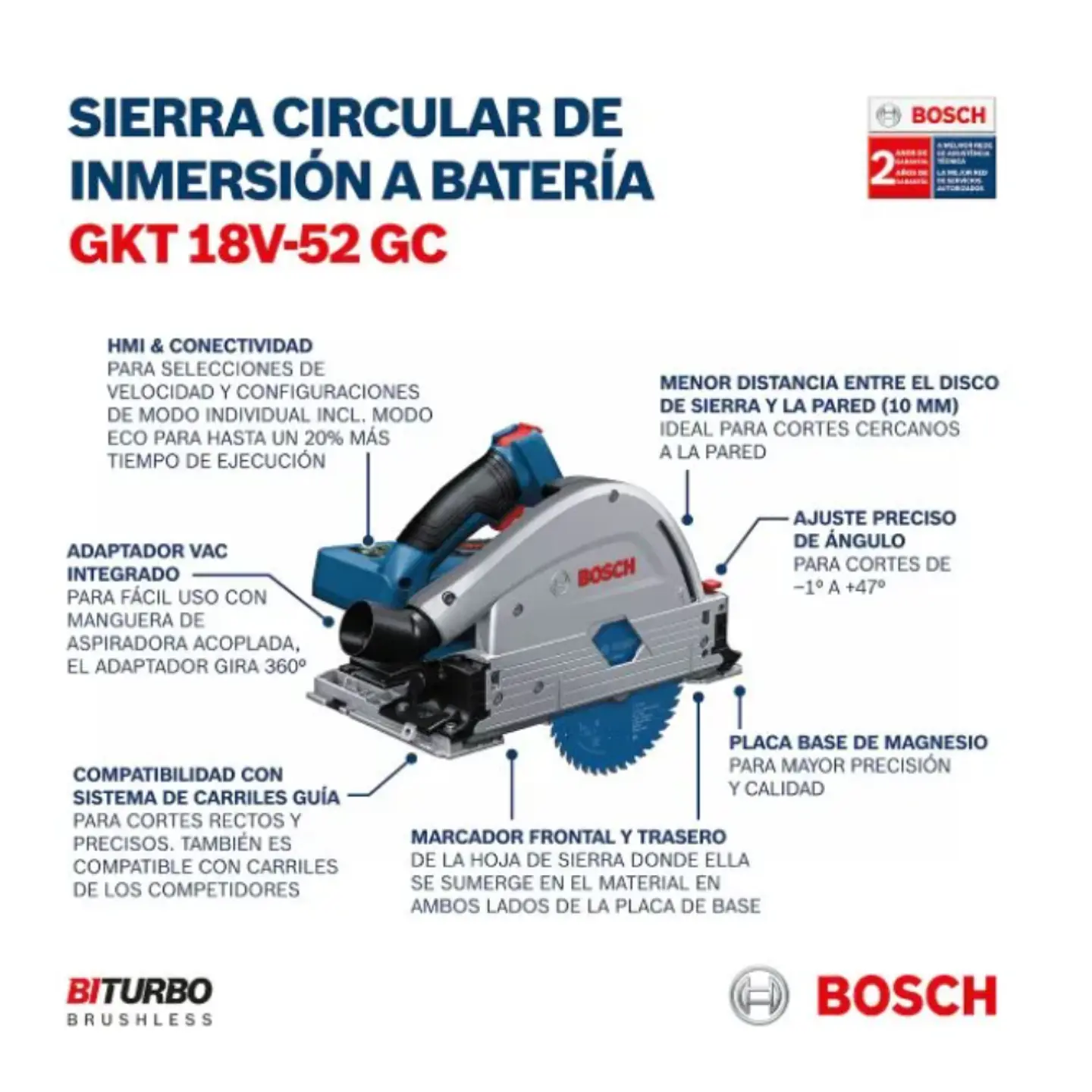 Sierra de Inmersión BOSCH  inalámbrica GKT 18V-52 GC 18V con 2 Baterías 4.0 A , Cargador 220 V y Caja Transporte 4