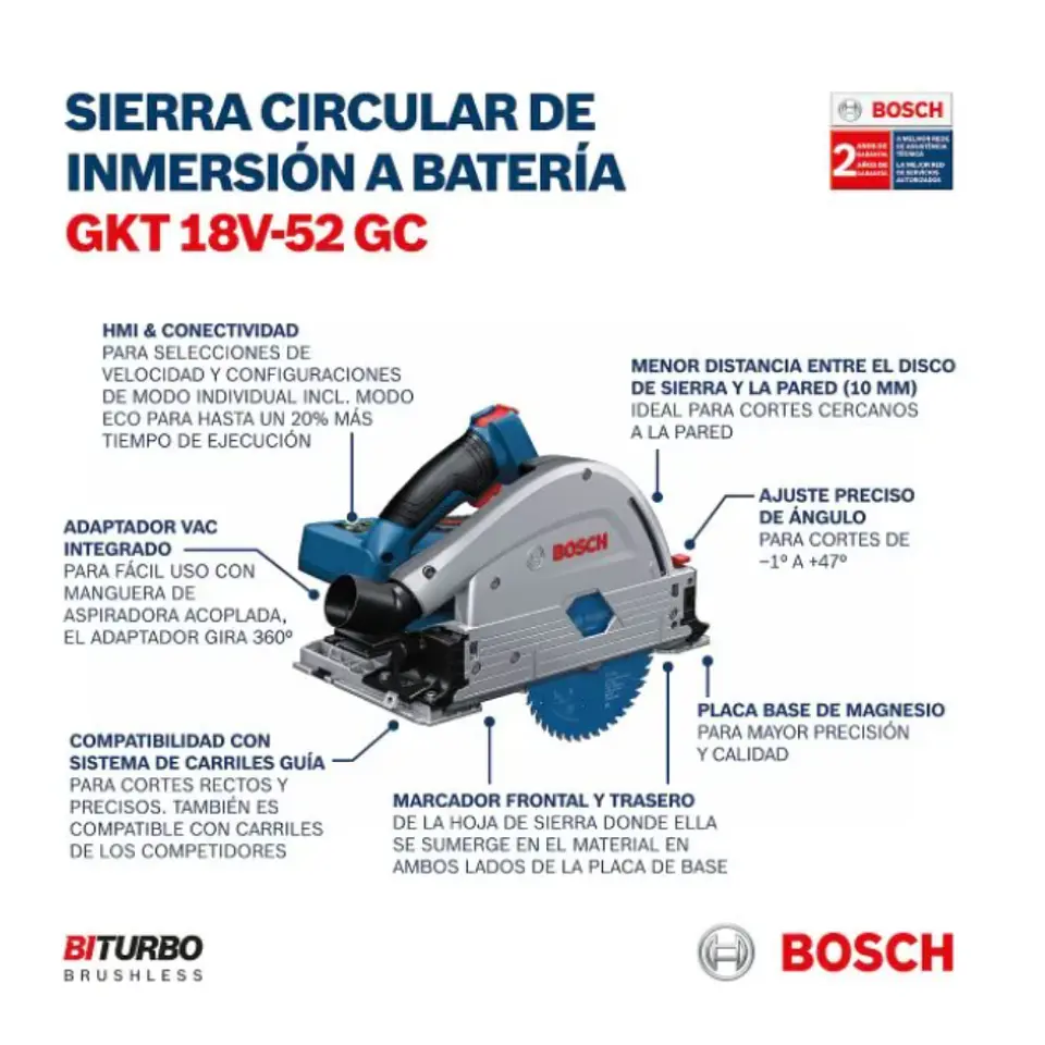Sierra de Inmersión BOSCH  inalámbrica GKT 18V-52 GC 18V con 2 Baterías 4.0 A , Cargador 220 V y Caja Transporte 4