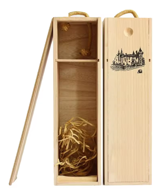 Caja Madera Botella Vino 750 cc tipo Dominó Sustentable grabada Láser.