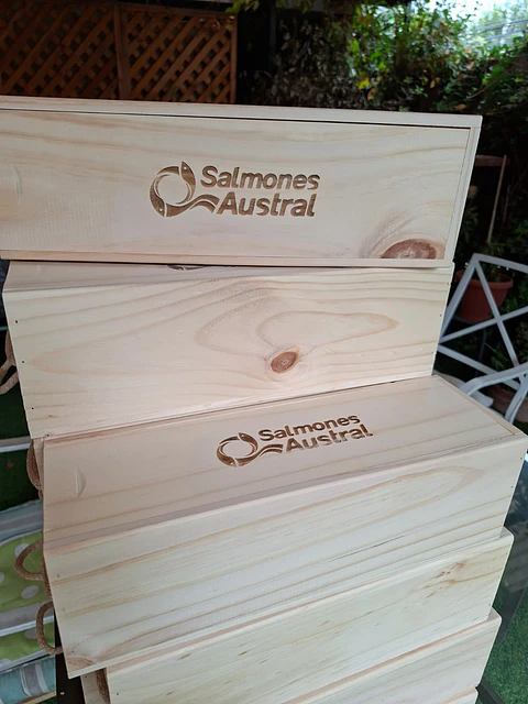 Caja Madera Botella Vino 750 cc tipo Dominó Sustentable grabada Láser.