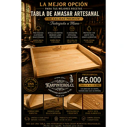 Tabla de Amasar 60 x 45 cm Artesanal Pino Radiata Premium curada Top Oil ( Lo más vendido )