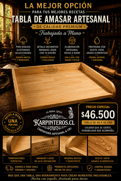 Tabla de Amasar 60 x 45 cm Artesanal Pino Radiata Premium curada Top Oil ( Lo más vendido )
