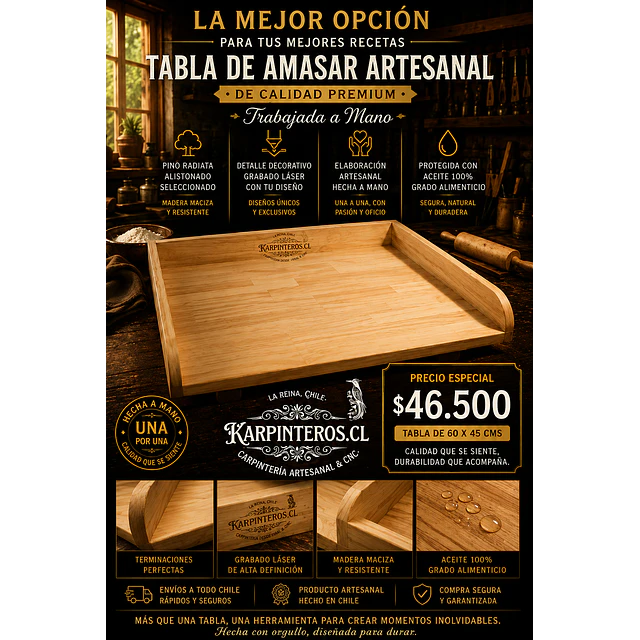 Tabla de Amasar 60 x 45 cm Artesanal Pino Radiata Premium curada Top Oil ( Lo más vendido )