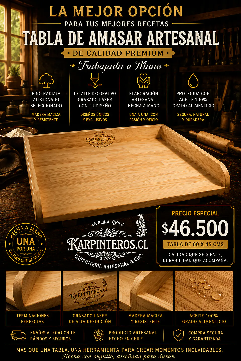 Tabla de Amasar 60 x 45 cm Artesanal Pino Radiata Premium curada Top Oil ( Lo más vendido ) 1