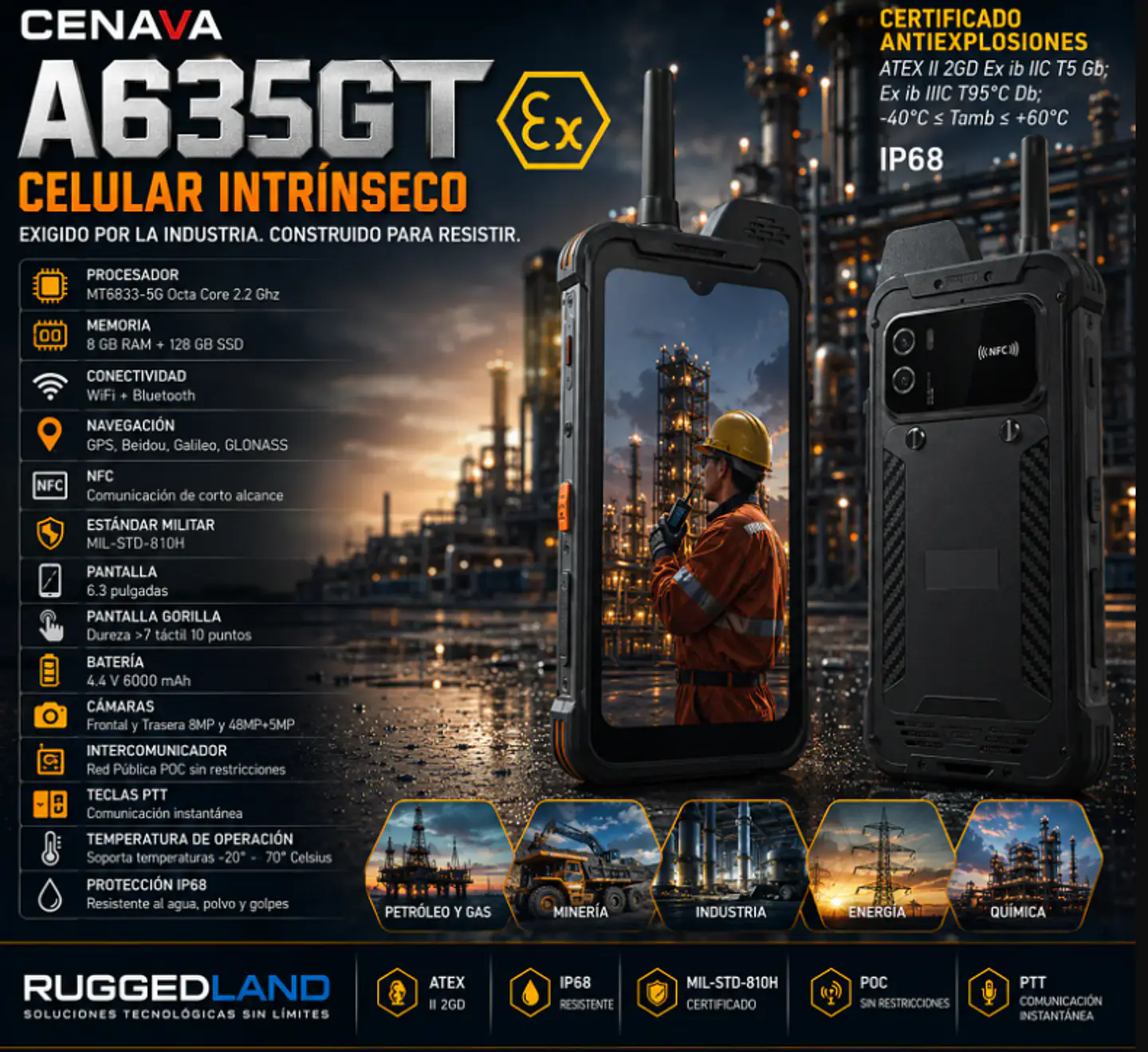 CELULAR INTRINSECO ATEX IP68  RUGGED 5G ANTIEXPLOSIONES  CENAVA 8/256 GB 1
