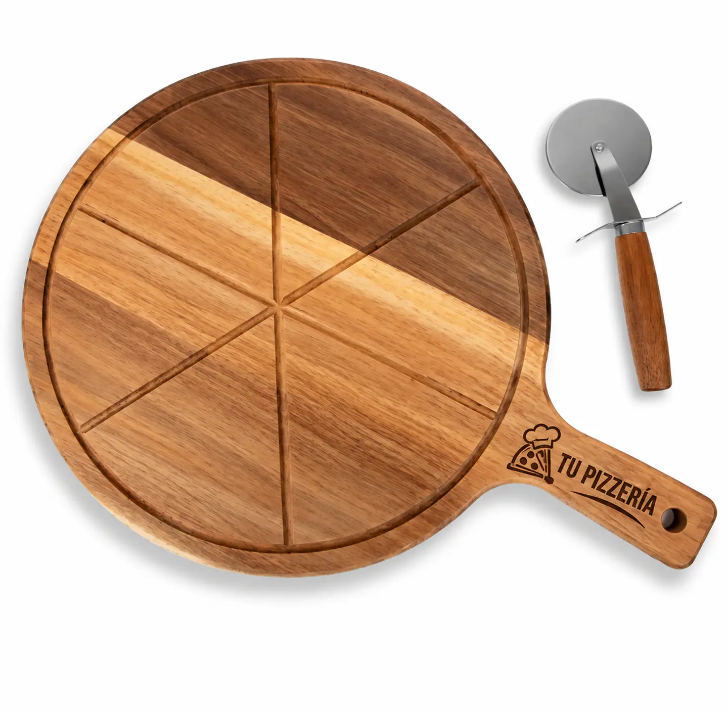 Tabla Pizza madera Acacia Personalizada láser con su logo  35cm diámetro  47cms largo 1
