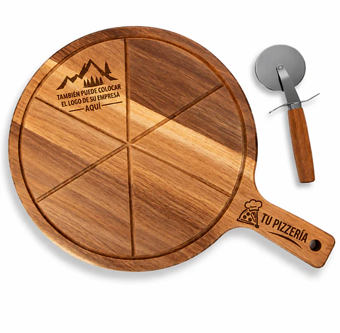 Tabla Pizza madera Acacia Personalizada láser con su logo  35cm diámetro  47cms largo