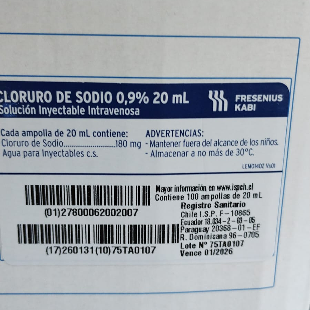 Cloruro de Sodio 0,9% Suero fisiológico ampolla 20ml  Biosano