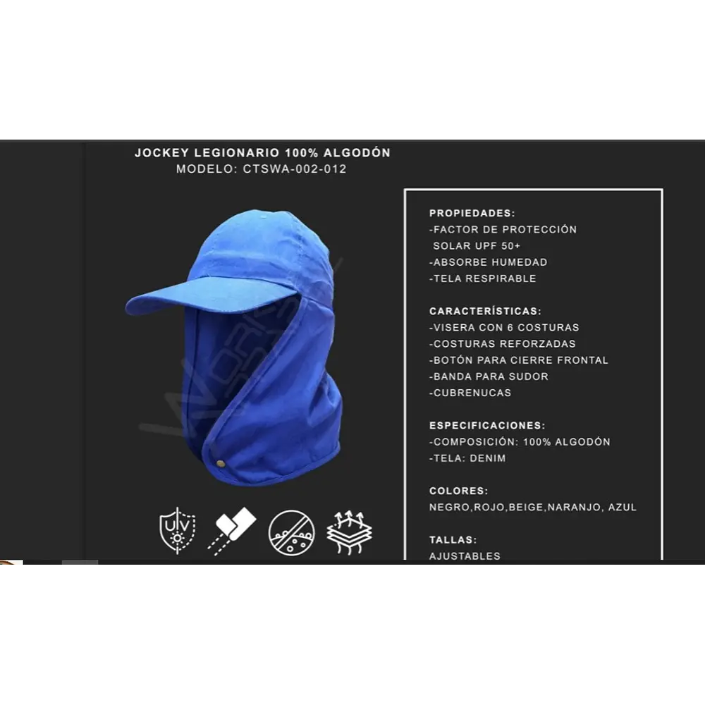 Jockey Legionario cubre nuca 100% algodón Azul Marino