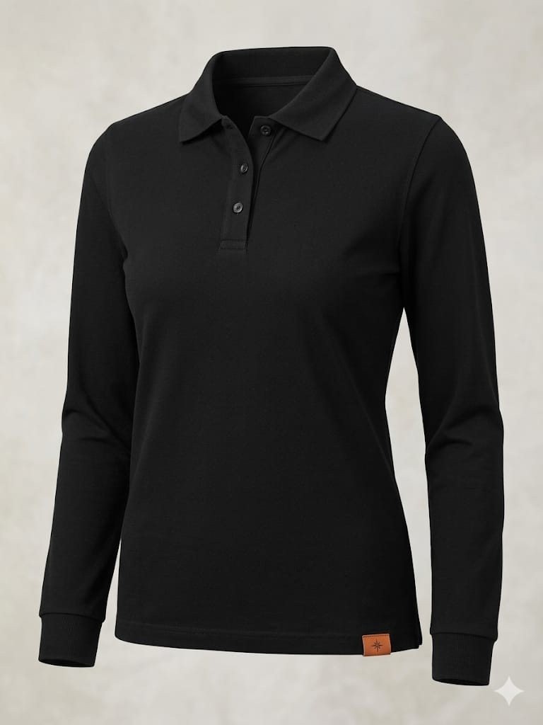 Polera cuello camisero tela piqué negro dama M