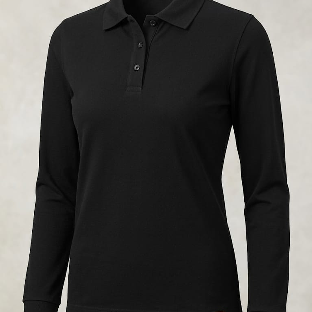 Polera cuello camisero tela piqué negro dama M